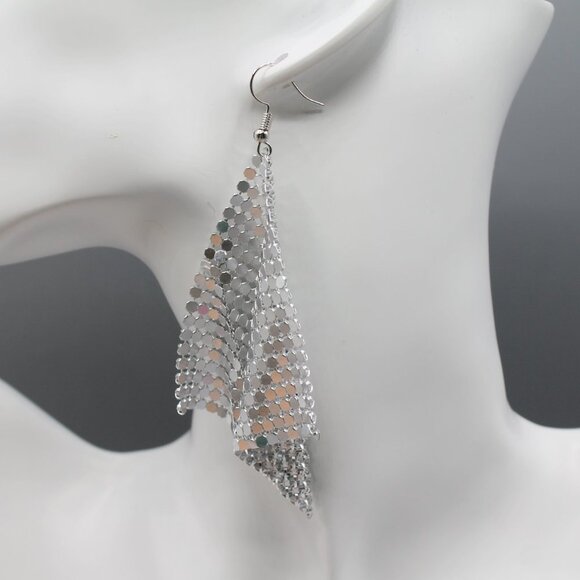 Jewelry earrings mesh statement party occasional drop dangle large silver tone - Picture 11 of 11